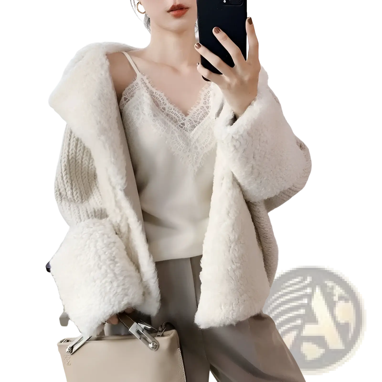 Cream-colored shearling-lined knit cardigan with a cozy fluffy texture and wide sleeves paired with lace trim camisole top