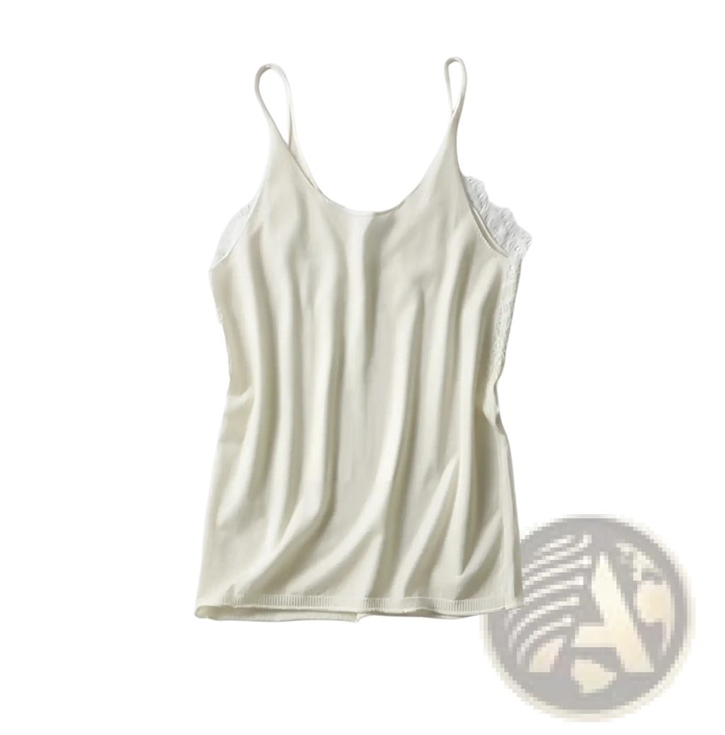 Cream-colored lace trim camisole top with thin spaghetti straps and soft ribbed knit fabric for comfortable wear