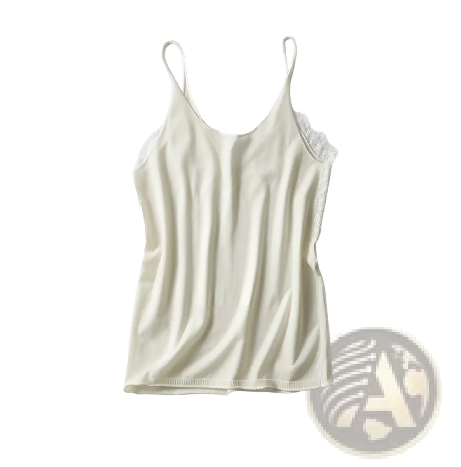 Cream-colored lace trim camisole top with thin spaghetti straps and soft ribbed knit fabric for comfortable wear