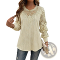 Cream-colored lace trim long sleeve blouse with ribbed body elastic cuffs and intricate lace on neckline and sleeves