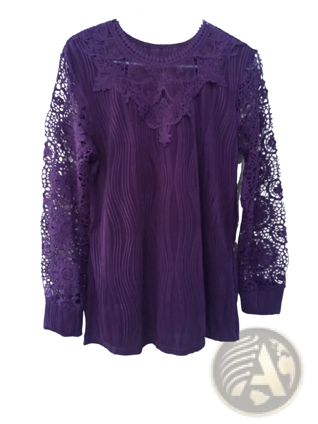 Purple lace trim long sleeve blouse with intricate lace detailing on shoulders and ribbed textured body