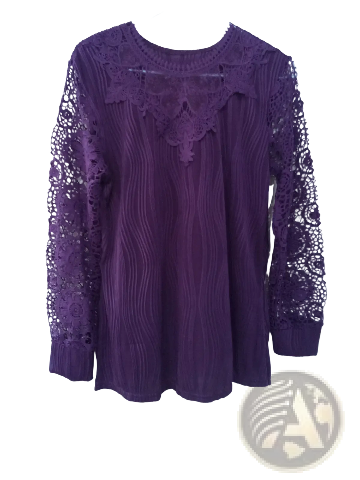 Purple lace trim long sleeve blouse with intricate lace detailing on shoulders and ribbed textured body