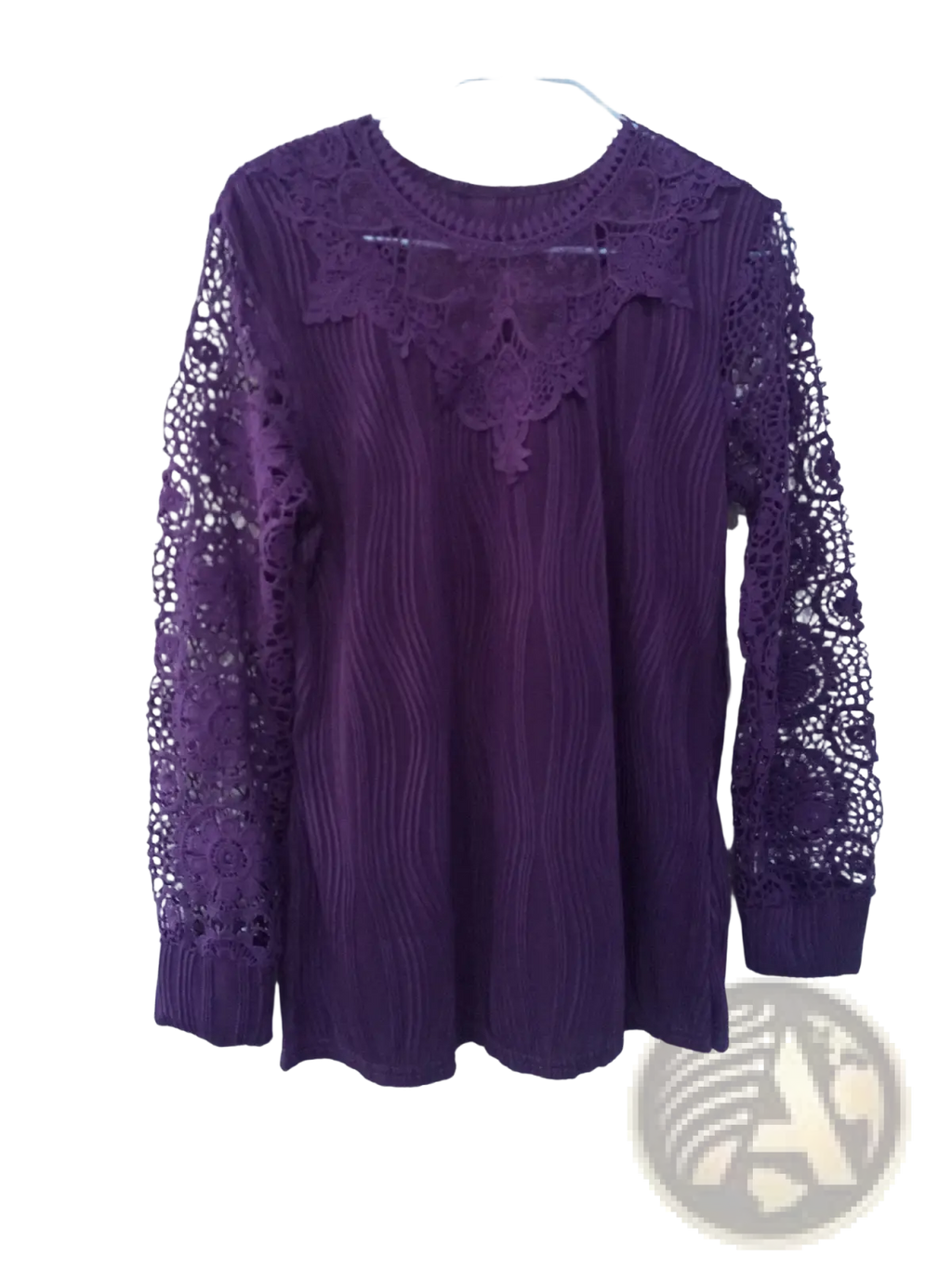 Purple lace trim long sleeve blouse with intricate lace detailing on shoulders and ribbed textured body
