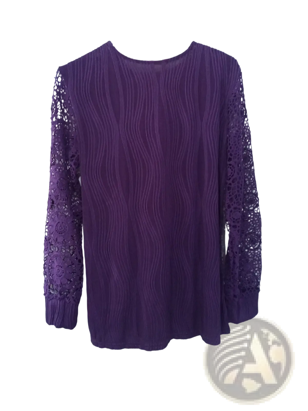 Purple lace trim long sleeve blouse with ribbed wavy textured body and delicate lace sleeves for elegant wear