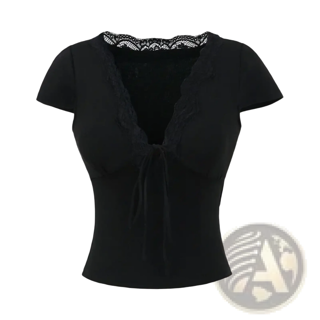 Black lace trim v neck crop top with short sleeves and front tie detail for stylish casual wear