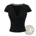 Black lace trim v neck crop top with short sleeves and front tie detail for stylish casual wear