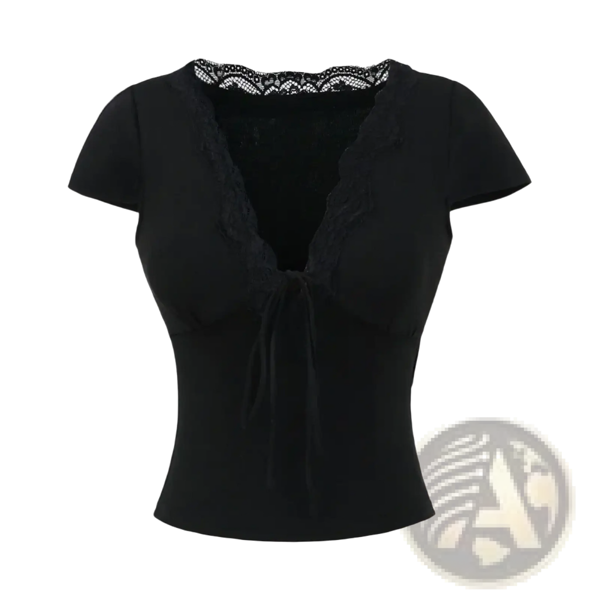 Black lace trim v neck crop top with short sleeves and front tie detail for stylish casual wear
