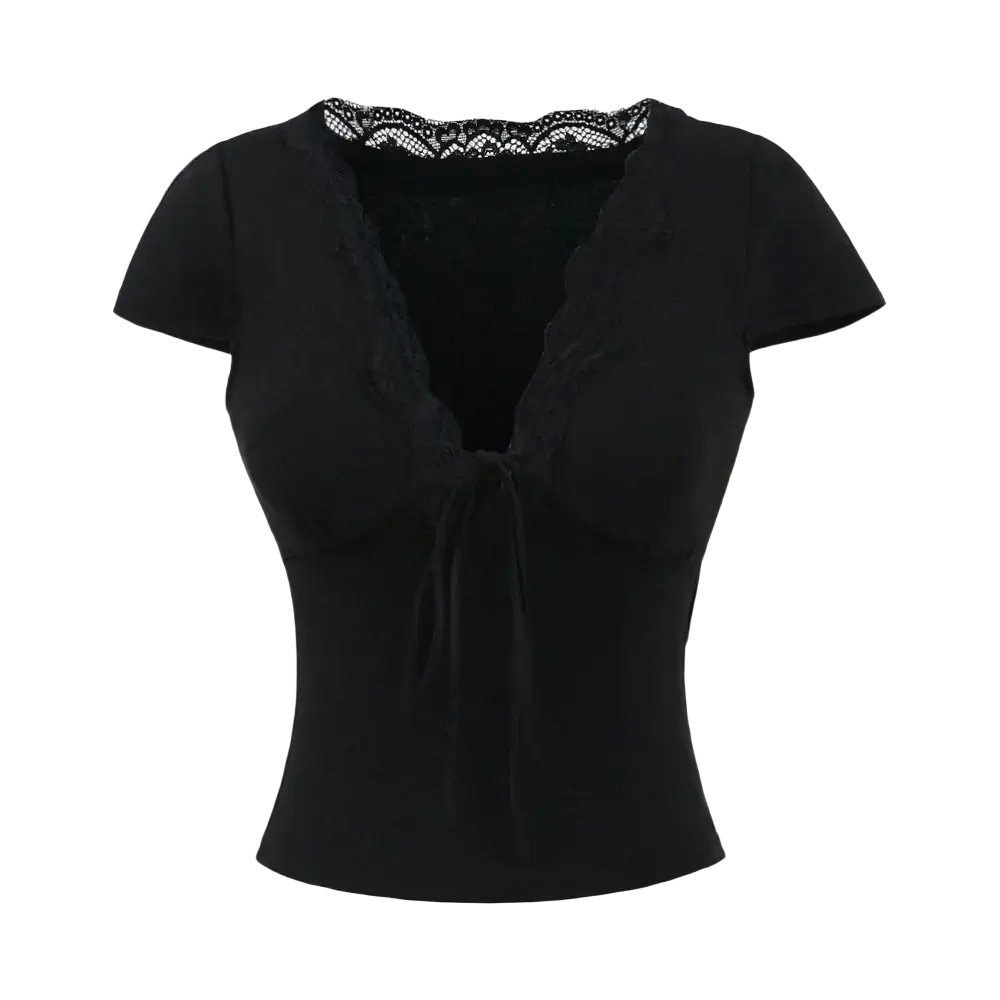 Black lace trim v neck crop top with short sleeves and front tie detail for stylish casual wear
