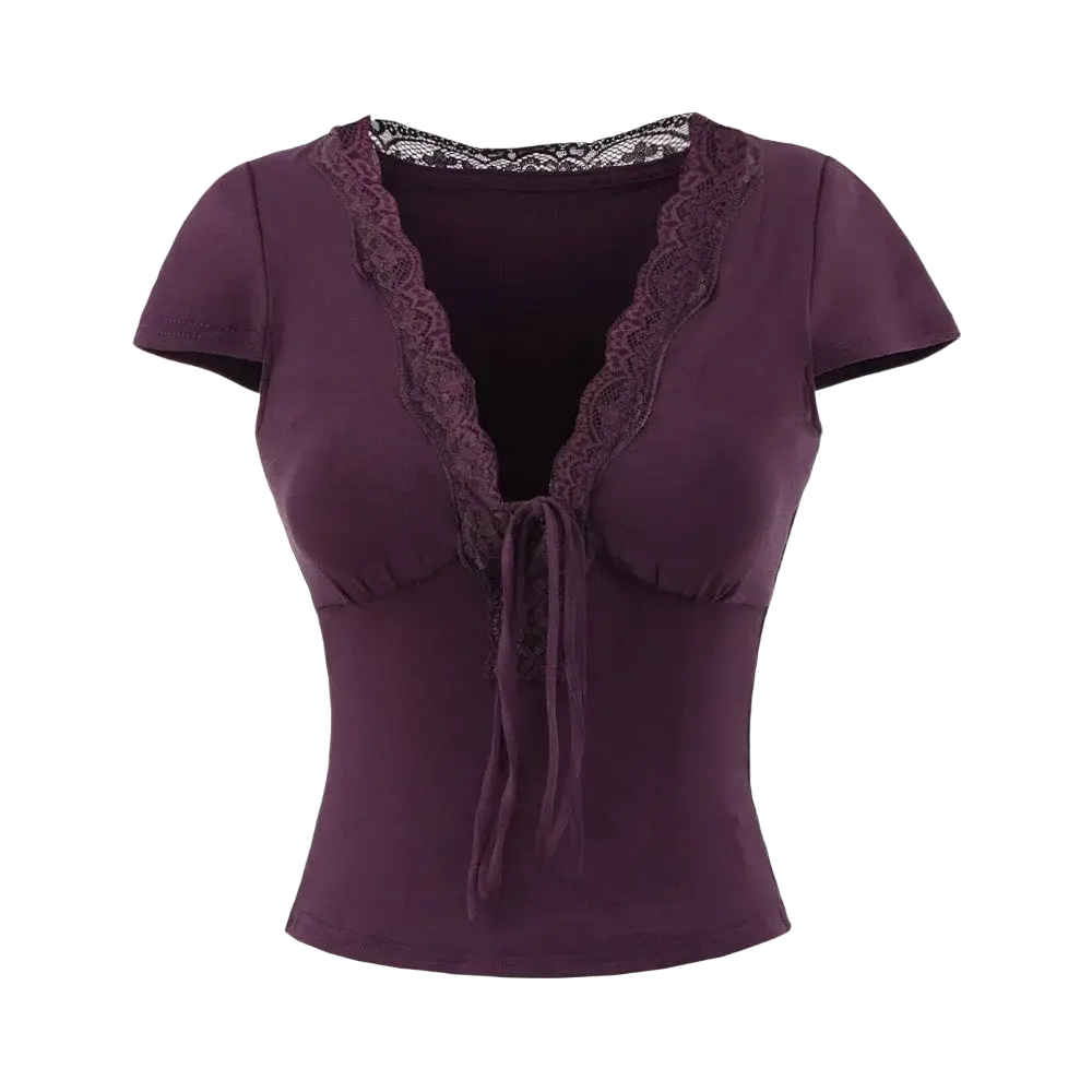 A deep purple lace trim v neck crop top with short sleeves and a front tie detail in lightweight fabric