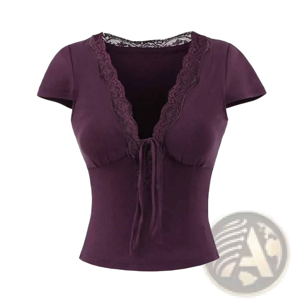 A deep purple lace trim v neck crop top with short sleeves and a front tie detail in lightweight fabric