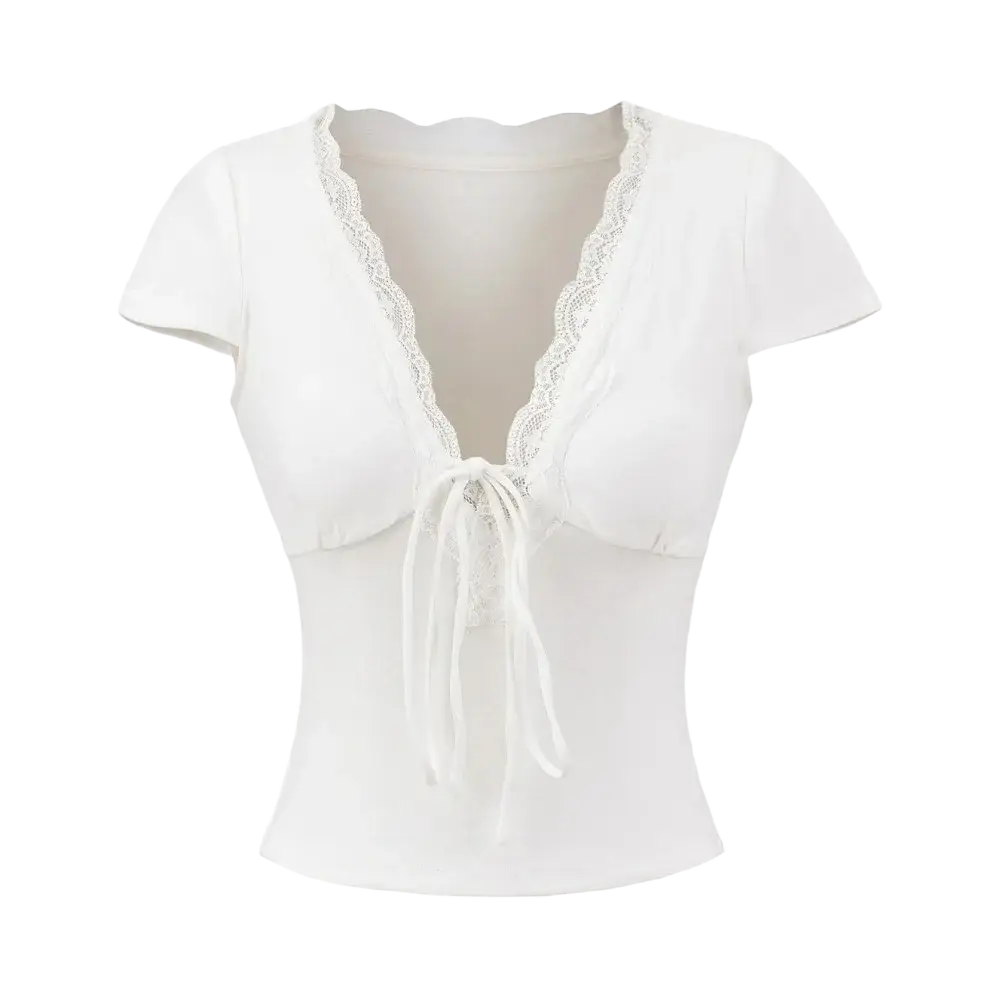 White short-sleeved lace trim v neck crop top with delicate lace edging and a matching tie-front detail