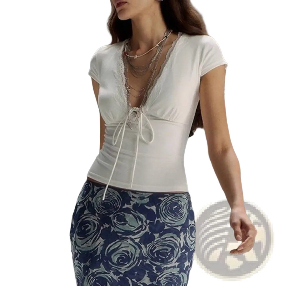 White lace trim v neck crop top with short sleeves and front tie detail made of lightweight fabric