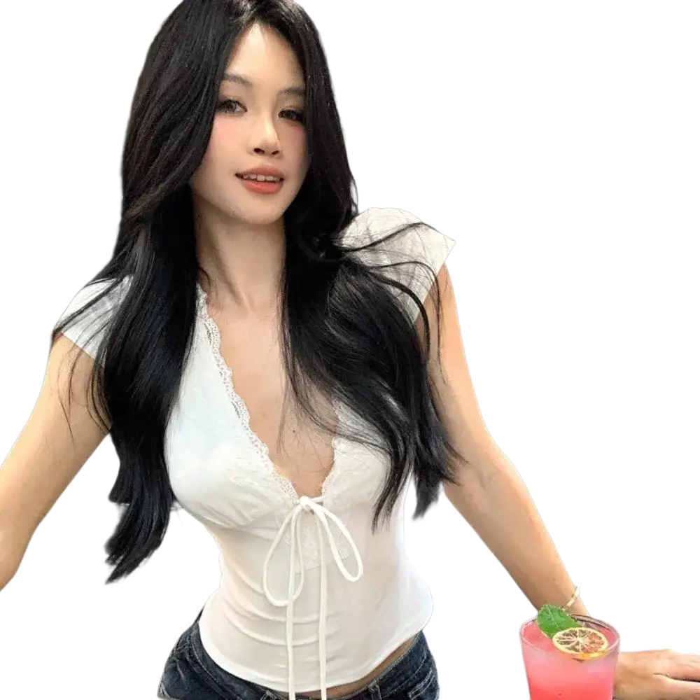 White lace trim v neck crop top featuring a corset style with front tie detail in delicate fabric