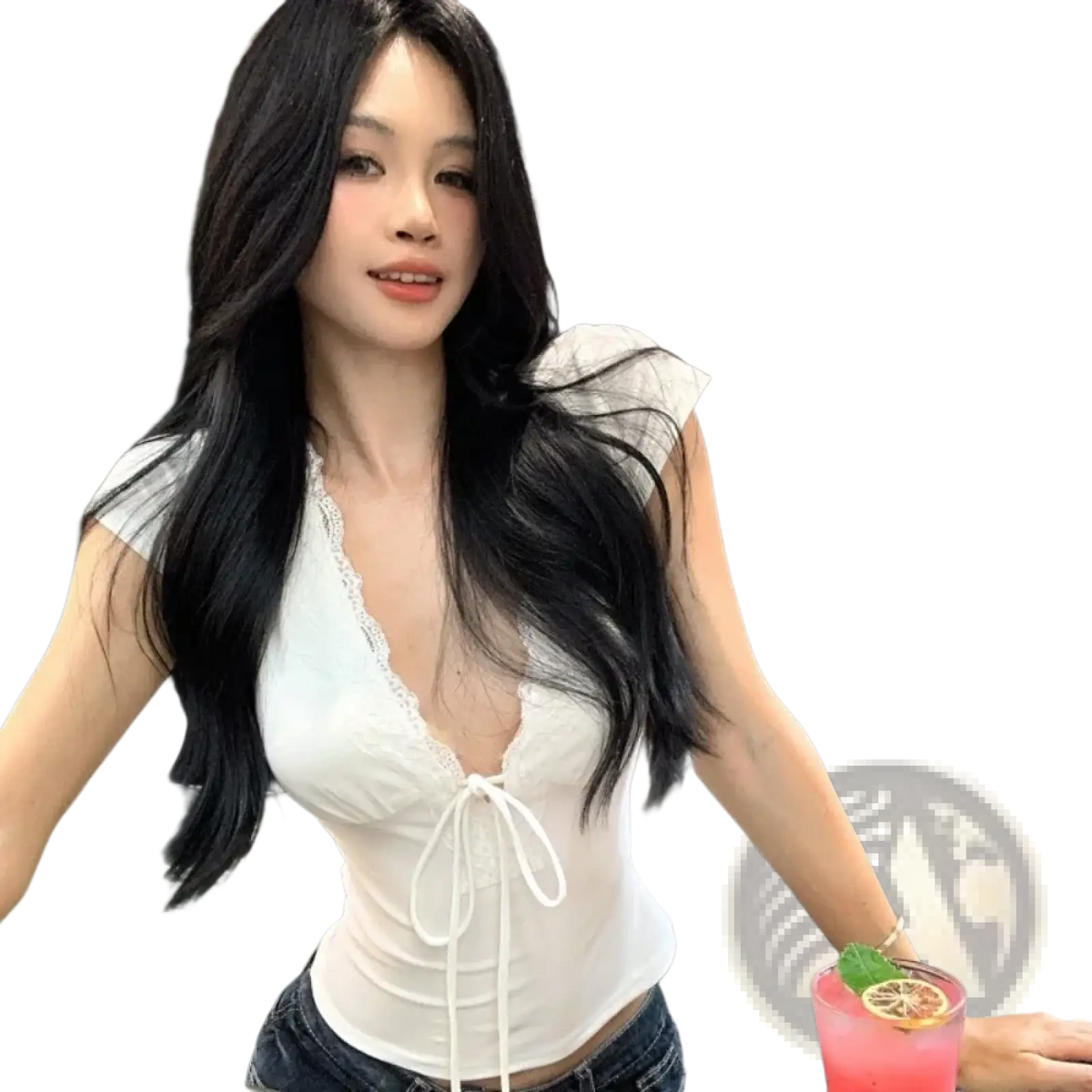 White lace trim v neck crop top featuring a corset style with front tie detail in delicate fabric
