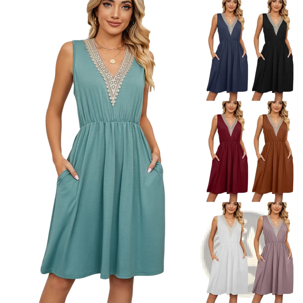 Teal sleeveless midi dress with lace trim v-neckline, intricate white lace detailing, and functional side pockets