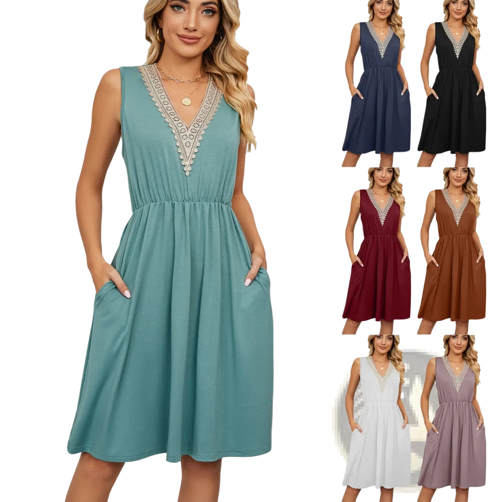 Teal sleeveless midi dress with lace trim v-neckline, intricate white lace detailing, and functional side pockets