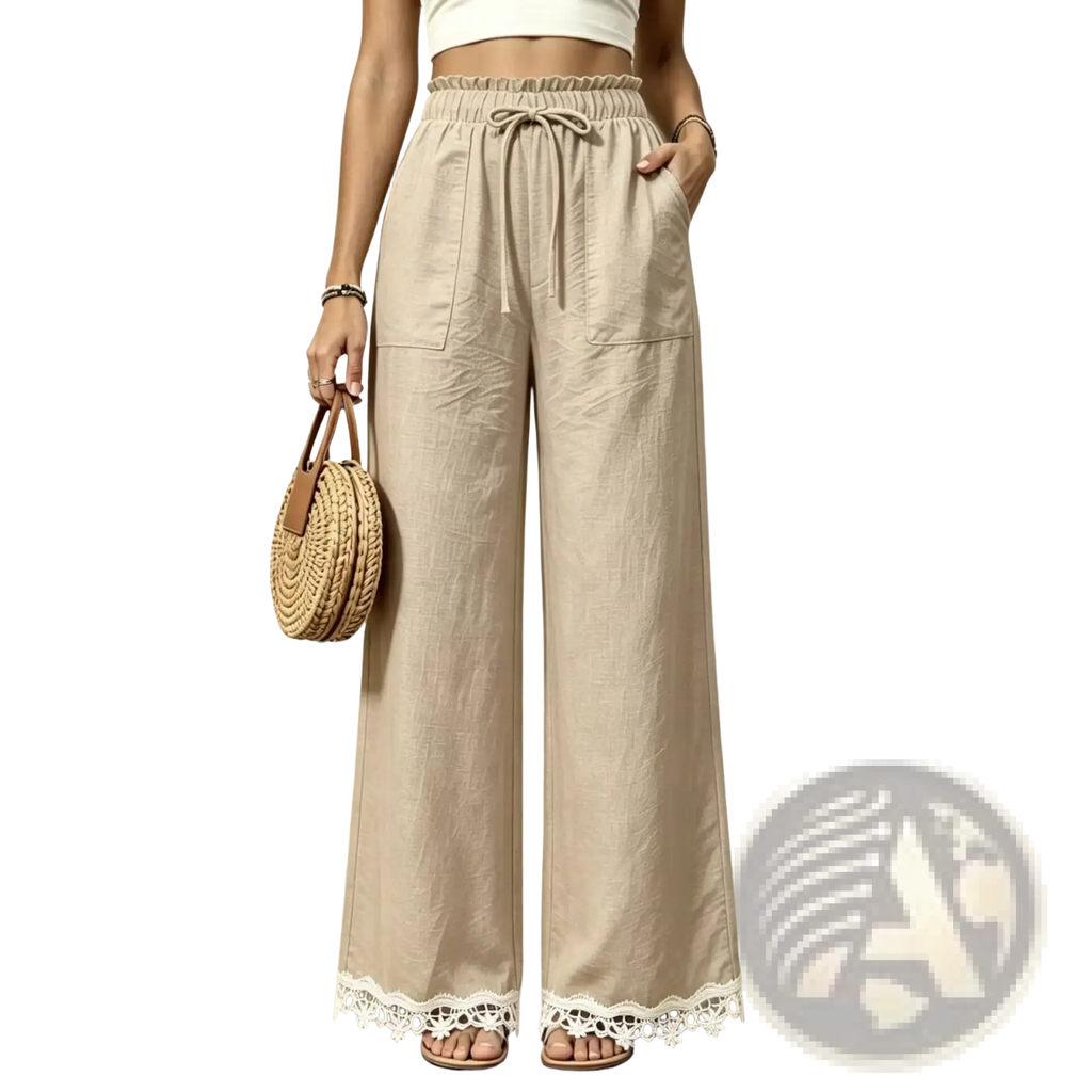 Beige linen lace trim wide leg trousers with a drawstring waist and delicate white lace at the hem