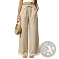 Beige linen lace trim wide leg trousers with a drawstring waist and delicate white lace at the hem