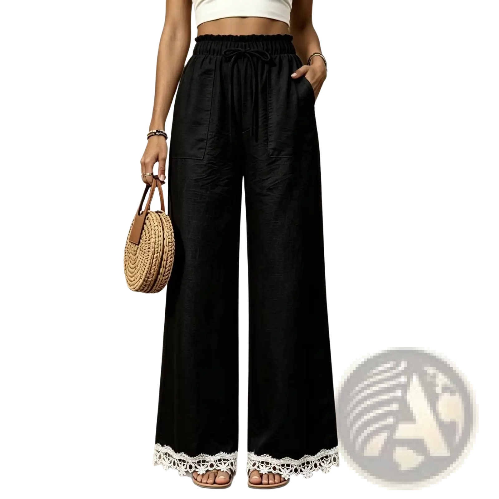 Black wide leg trousers with a drawstring waist and delicate white lace trim at the hem for elegant wear