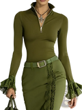 Olive green long-sleeved fitted dress with lace ruffled cuffs and side slit complementing lace trim zip up top design