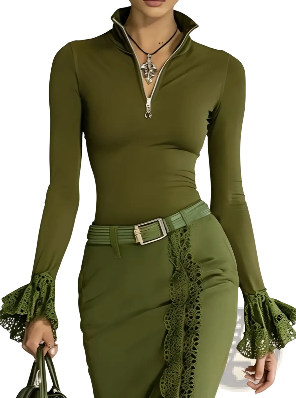 Olive green long-sleeved fitted dress with lace ruffled cuffs and side slit complementing lace trim zip up top design