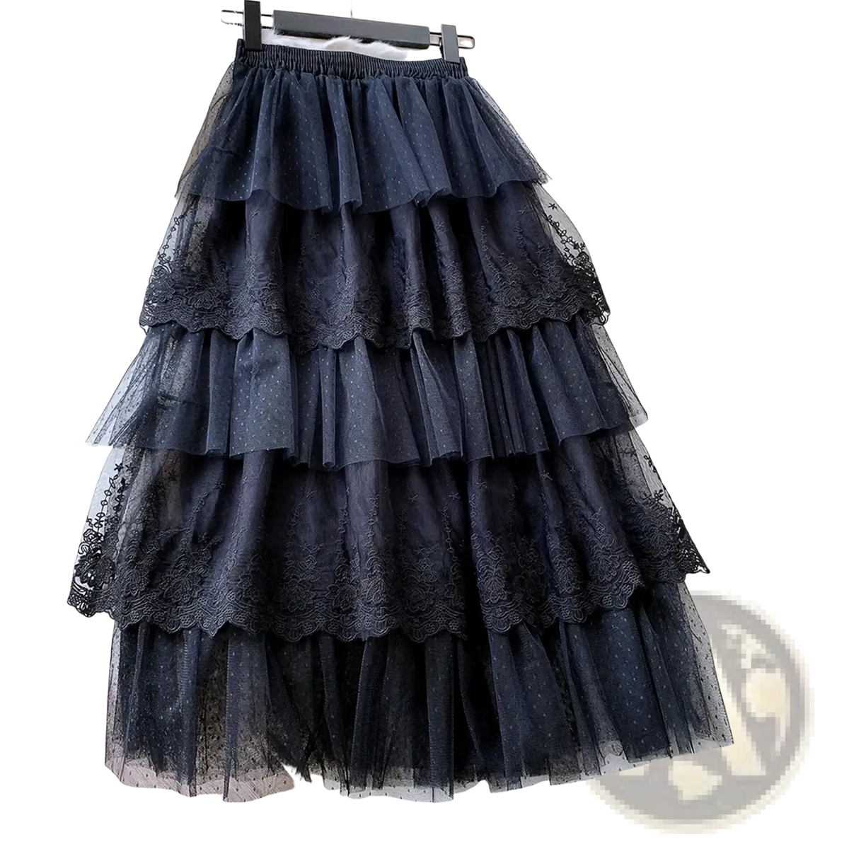 Black high waisted a line long skirt made of tiered tulle with lace trim details