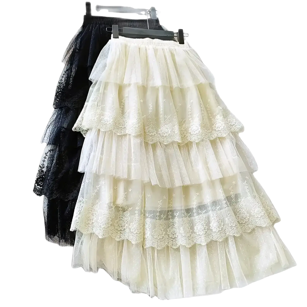 Cream-colored high waisted tulle skirt with tiered layers lace trim and subtle floral embroidery a line long design