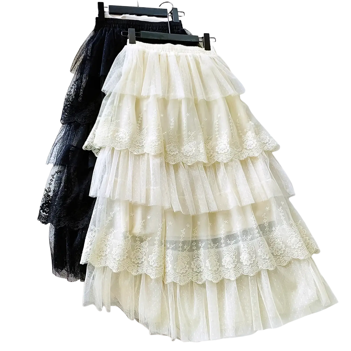 Cream-colored high waisted a line long skirt with tiered tulle, delicate lace trim, and floral embroidery