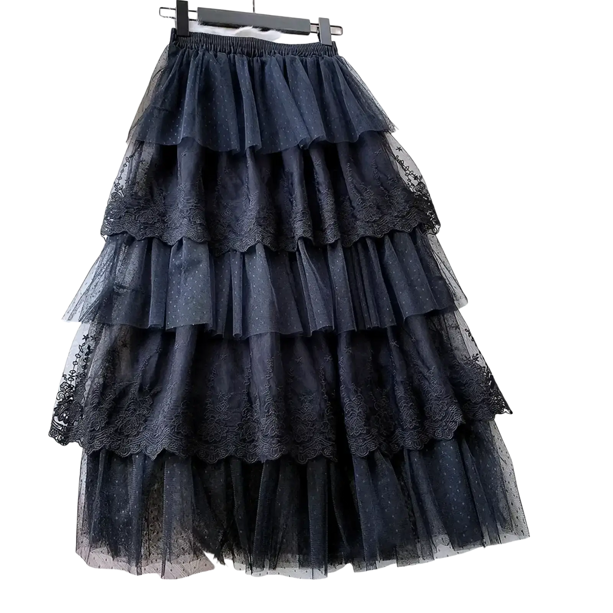 High waisted dark navy blue tulle skirt with lace trim tiered layers and soft elastic waistband long a line design