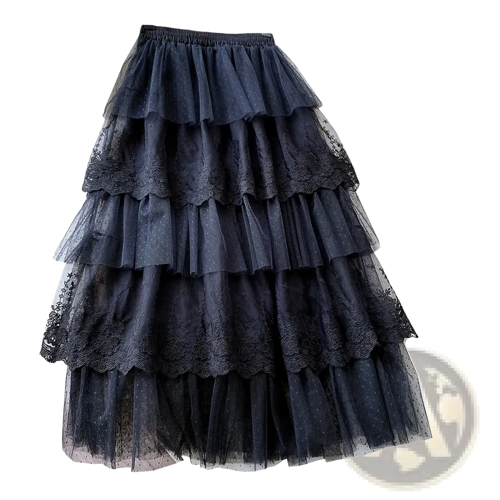 Dark navy high waisted a line long lace tulle skirt with tiered layers and delicate lace trim along each layer