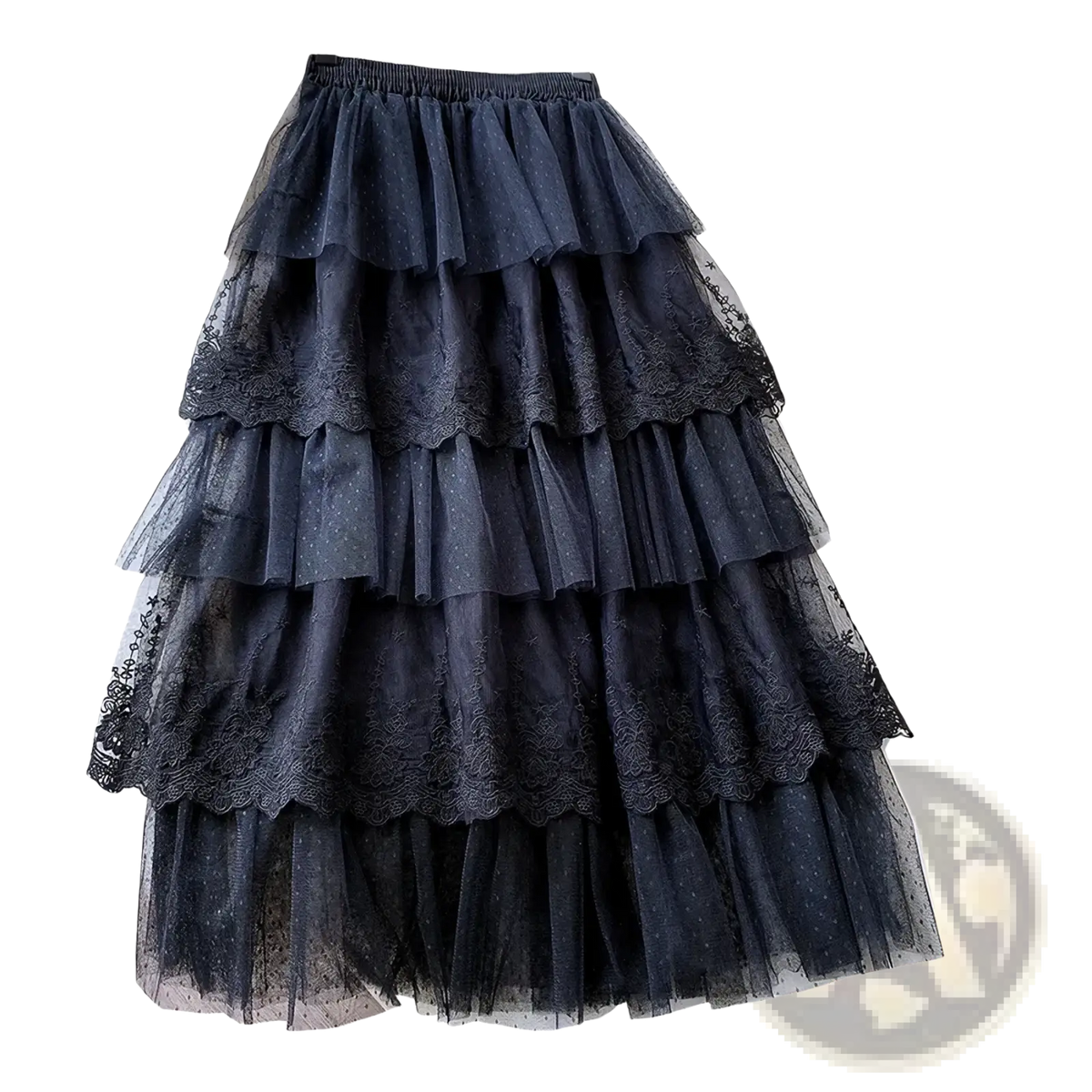 Dark navy high waisted a line long lace tulle skirt with tiered layers and delicate lace trim along each layer