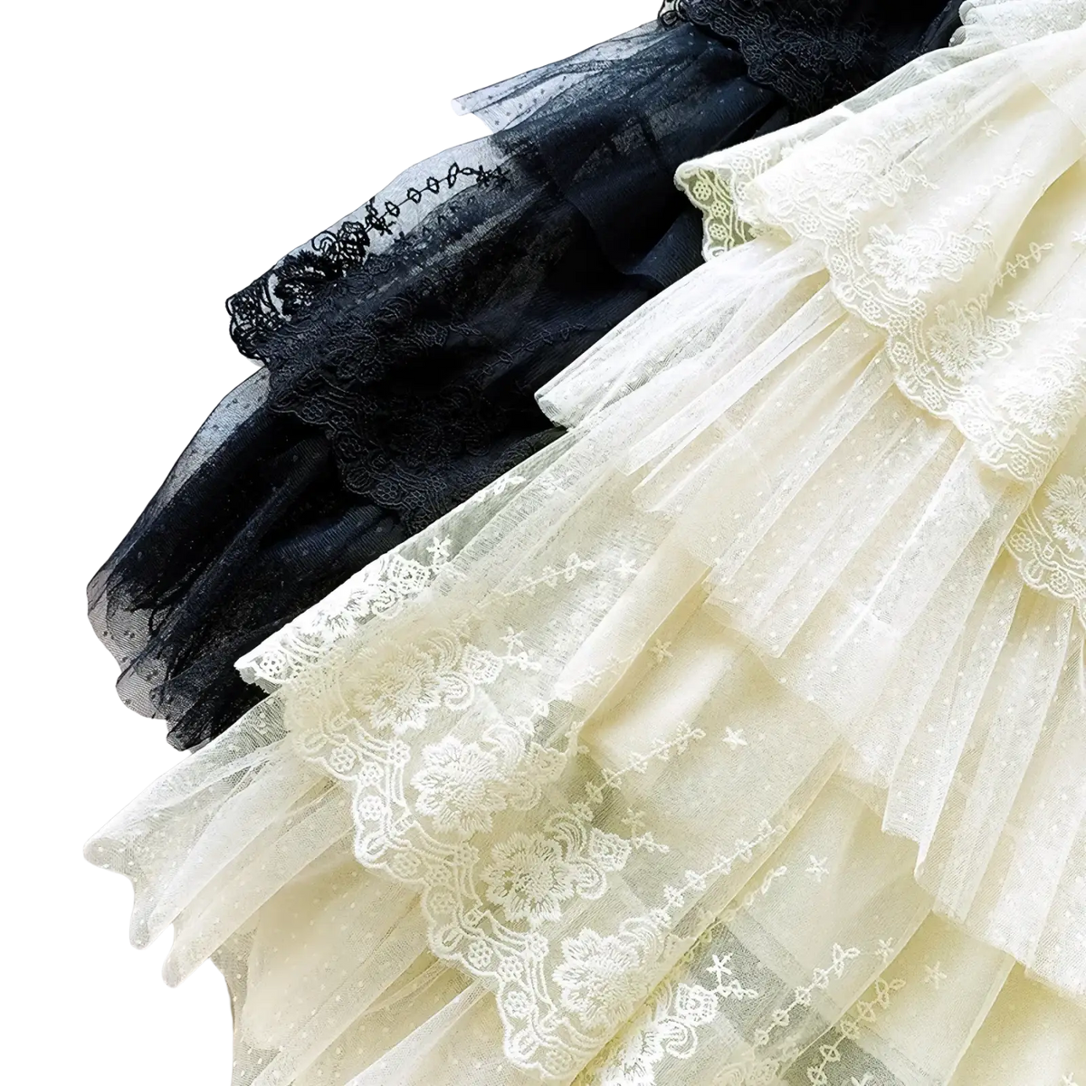 Elegant black and cream high waisted a line long lace tulle skirt with layered tulle and delicate lace trim
