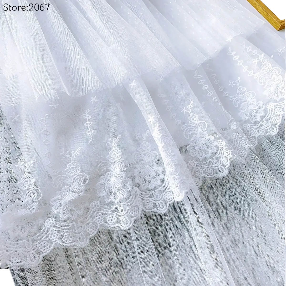 White lace tulle skirt high waisted a line long with delicate floral lace trim and subtle glittery texture
