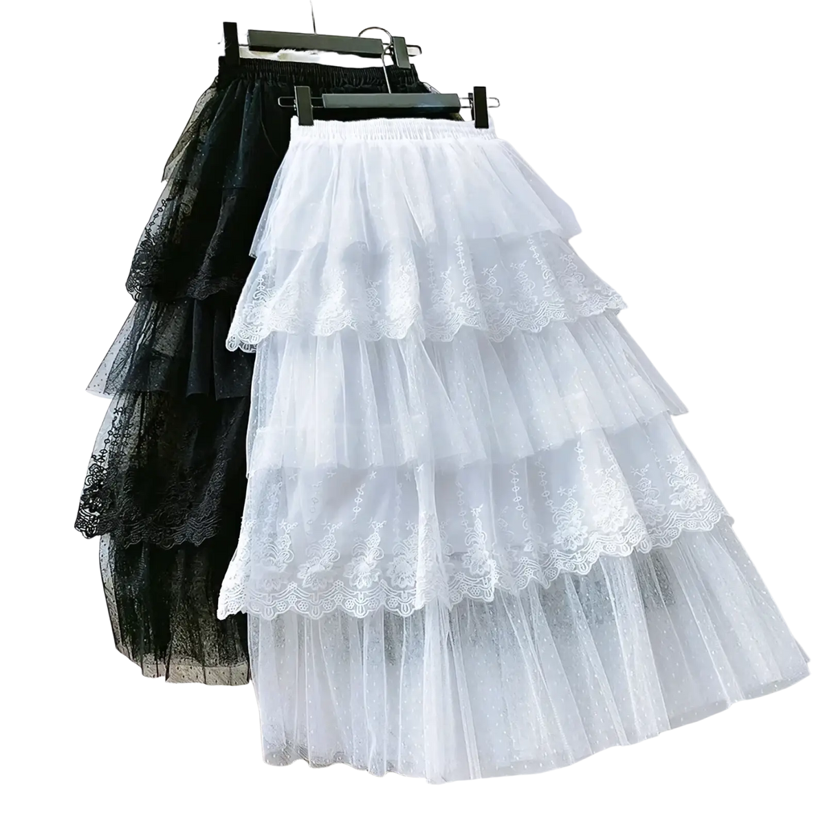 White high waisted a line long skirt featuring tiered tulle layers with delicate lace trim