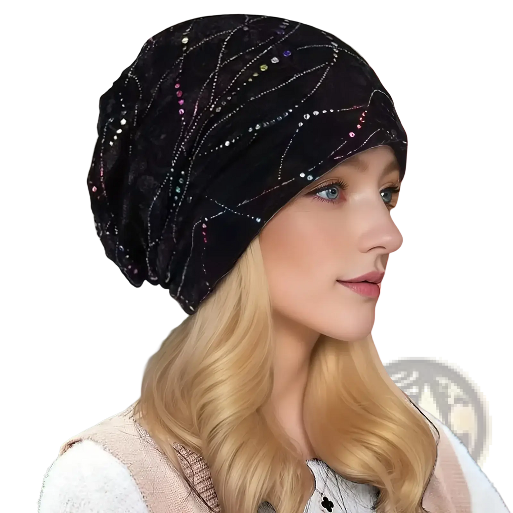Black velvet lace turban hijab floral elastic sleep cap adorned with sparkling multicolored sequin patterns