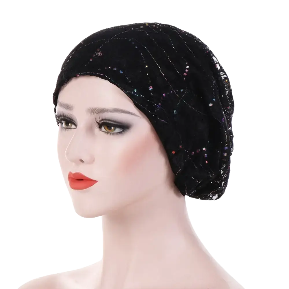 Black velvet lace turban hijab floral elastic sleep cap with sparkling sequins and delicate lace trim