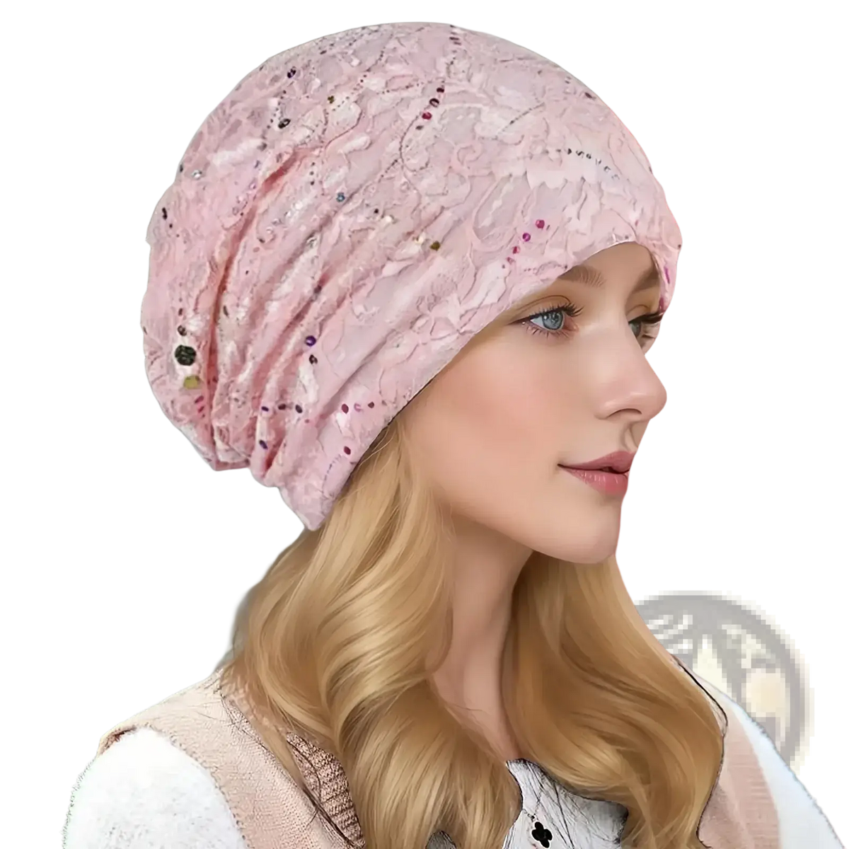 Delicate pink lace turban hijab floral elastic sleep cap with subtle sparkling embellishments and soft texture