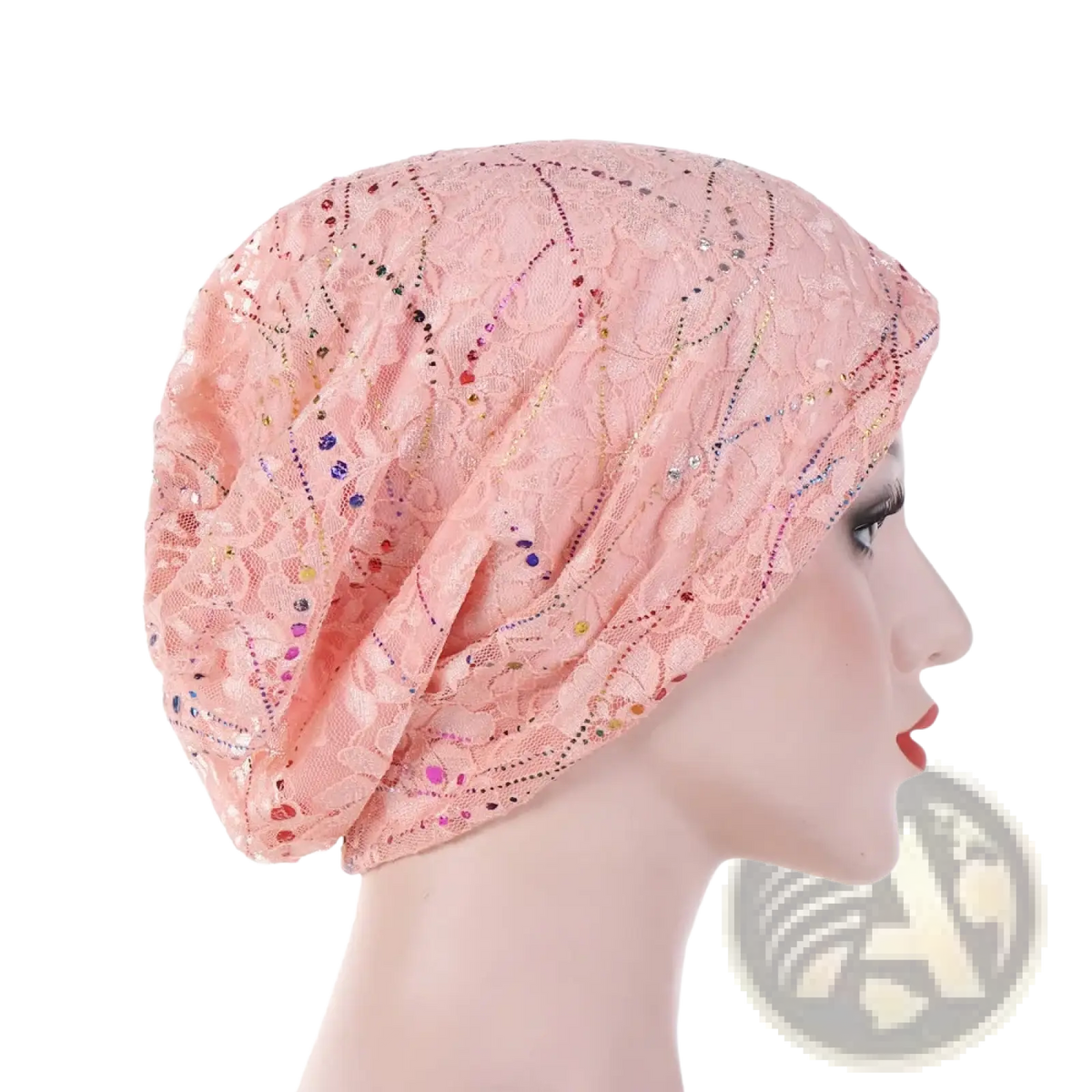 A delicate pink lace turban hijab adorned with multicolored sequins and beading for floral elastic sleep cap use