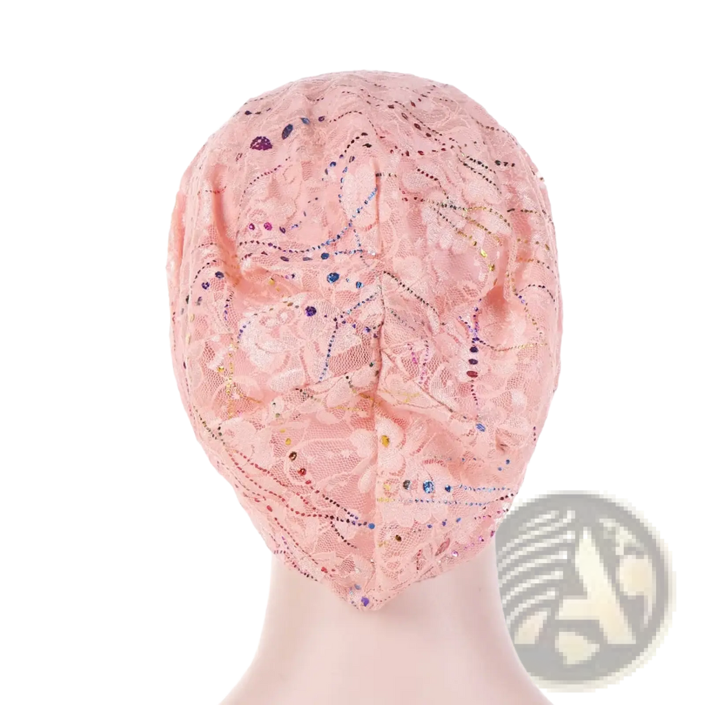 Lace turban hijab floral elastic sleep cap in delicate pink lace with intricate floral patterns and sparkling sequins