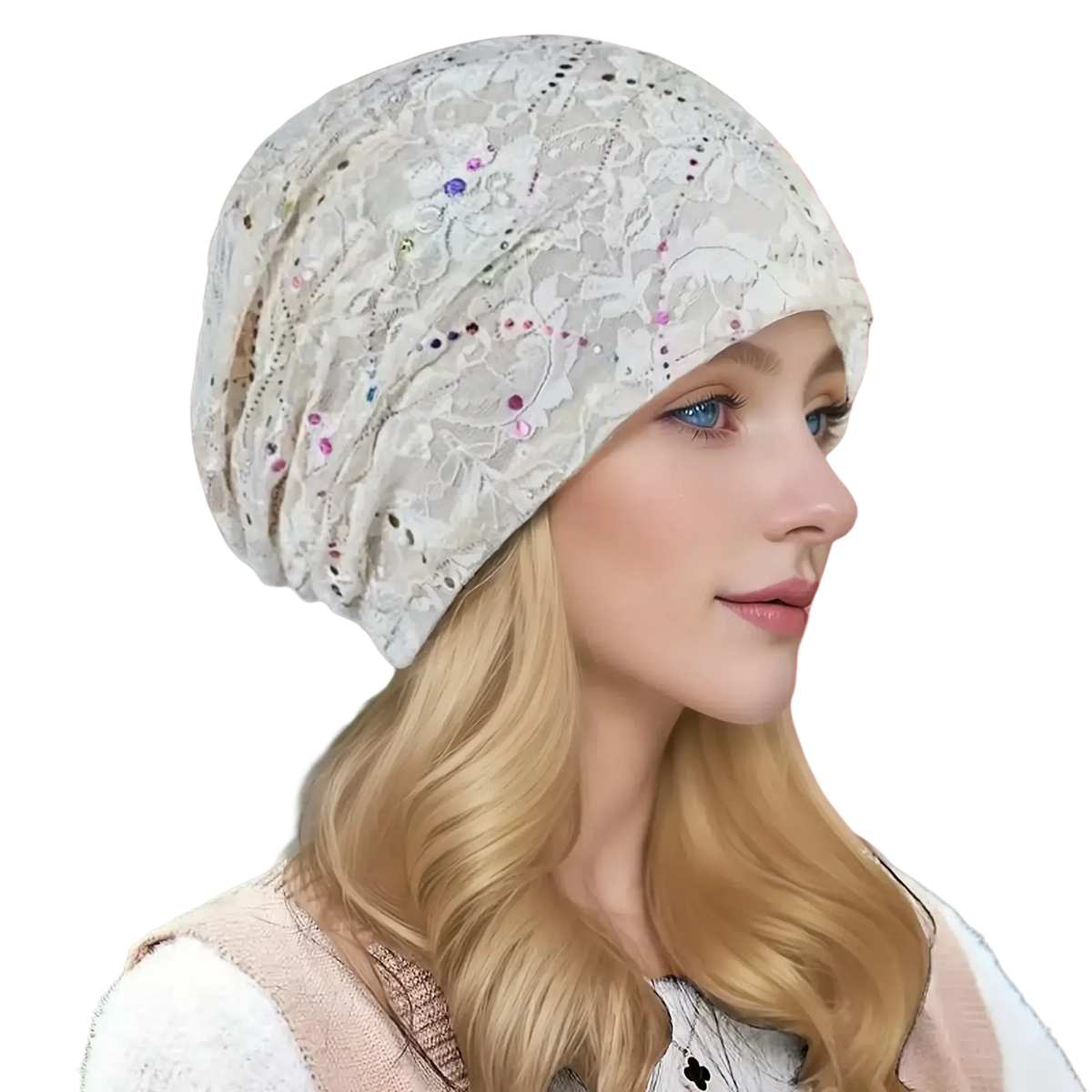 Lace turban hijab floral elastic sleep cap in off-white lace with pink and purple rhinestone floral embellishments