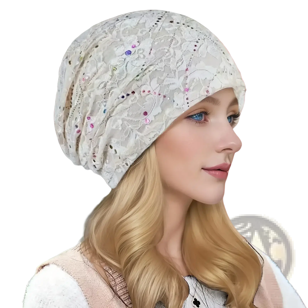 Lace turban hijab floral elastic sleep cap in off-white lace with pink and purple rhinestone floral embellishments