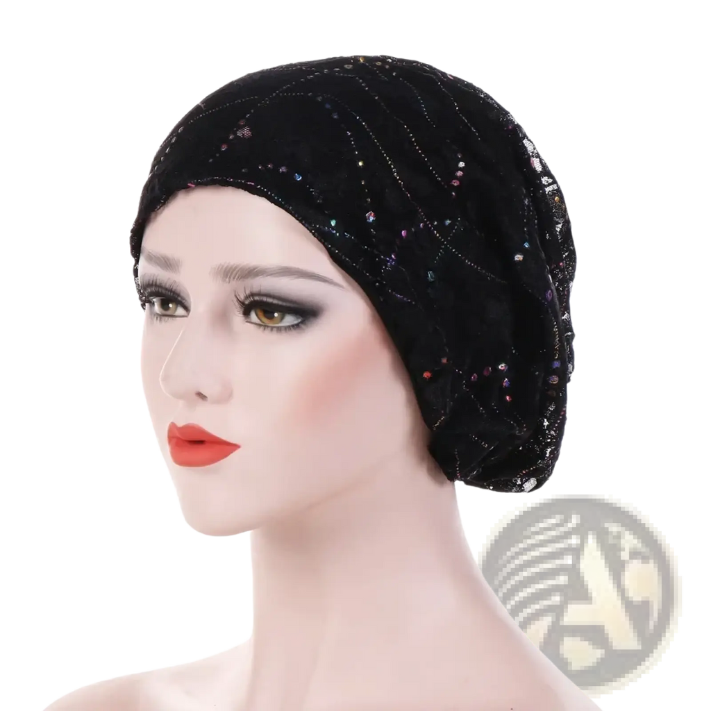 Black velvet lace turban hijab floral elastic sleep cap with sparkling sequins and delicate lace trim