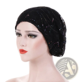 Black velvet lace turban hijab floral elastic sleep cap with sparkling sequins and delicate lace trim