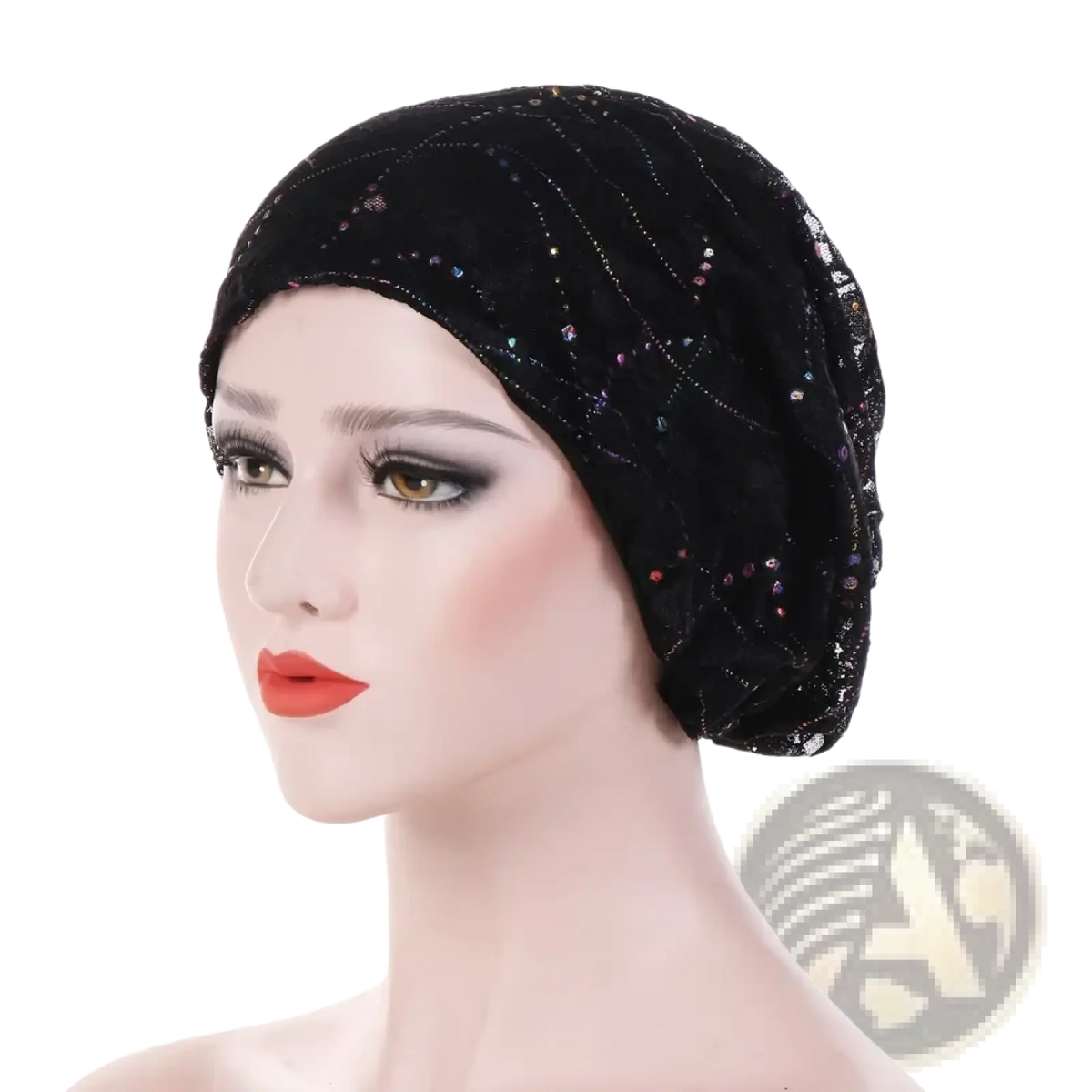 Black velvet lace turban hijab floral elastic sleep cap with sparkling sequins and delicate lace trim