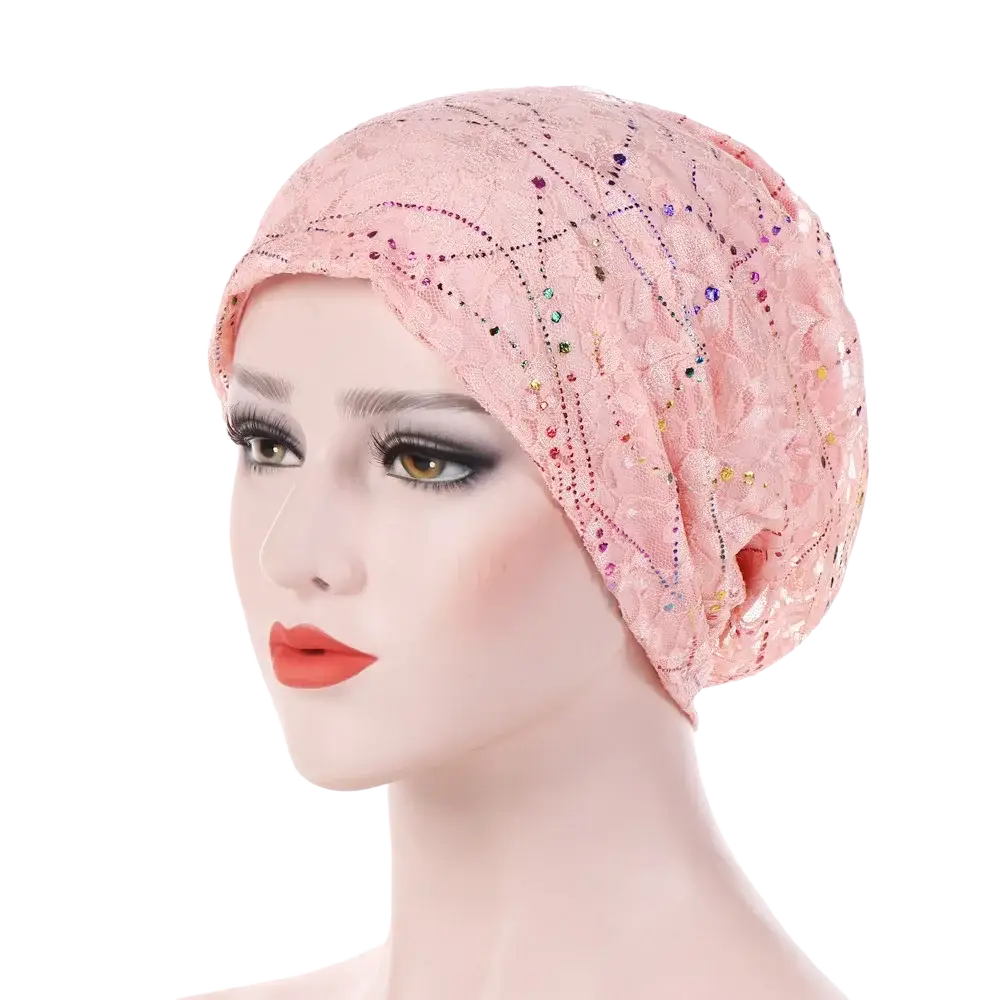 Pink lace turban hijab floral elastic sleep cap with sparkling multi-colored rhinestones headscarf detail