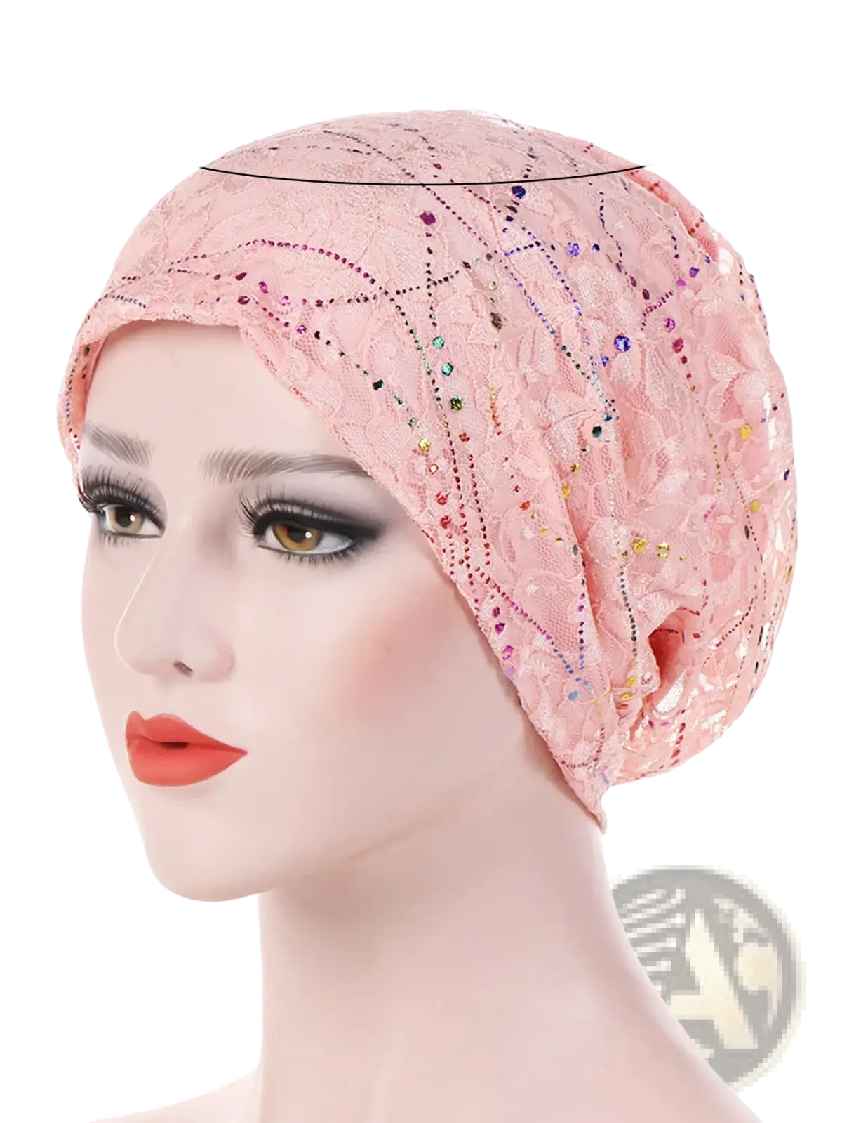 Pink lace turban hijab floral elastic sleep cap adorned with colorful rhinestones for comfortable wear