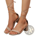 Beige suede lace-up block heel sandals with square toe and ankle strap for stylish summer wear