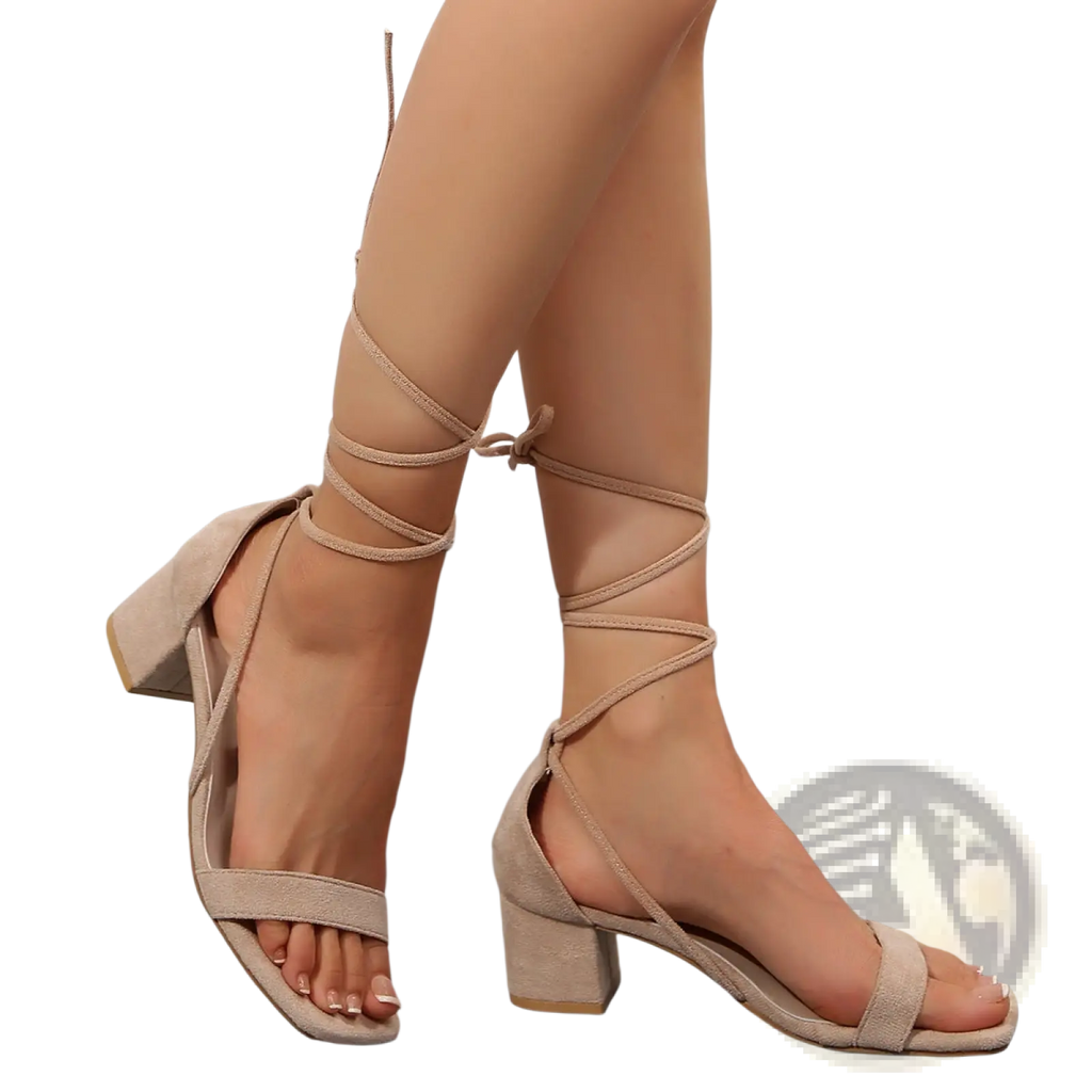 Beige suede lace-up block heel sandals with square toe and ankle straps for stylish strappy shoe wear