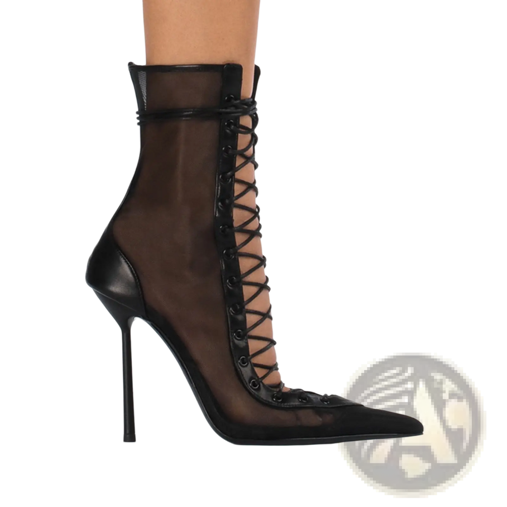 Black lace up ankle boot with sheer mesh panels and pointed toe from lace up mesh pointed toe stiletto high heel sandals collection