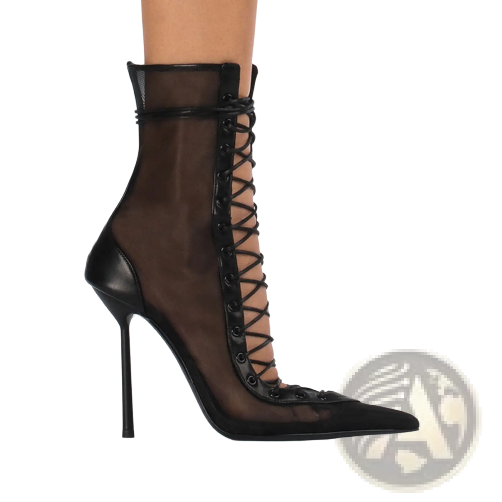 Black lace up ankle boot with sheer mesh panels and pointed toe from lace up mesh pointed toe stiletto high heel sandals collection